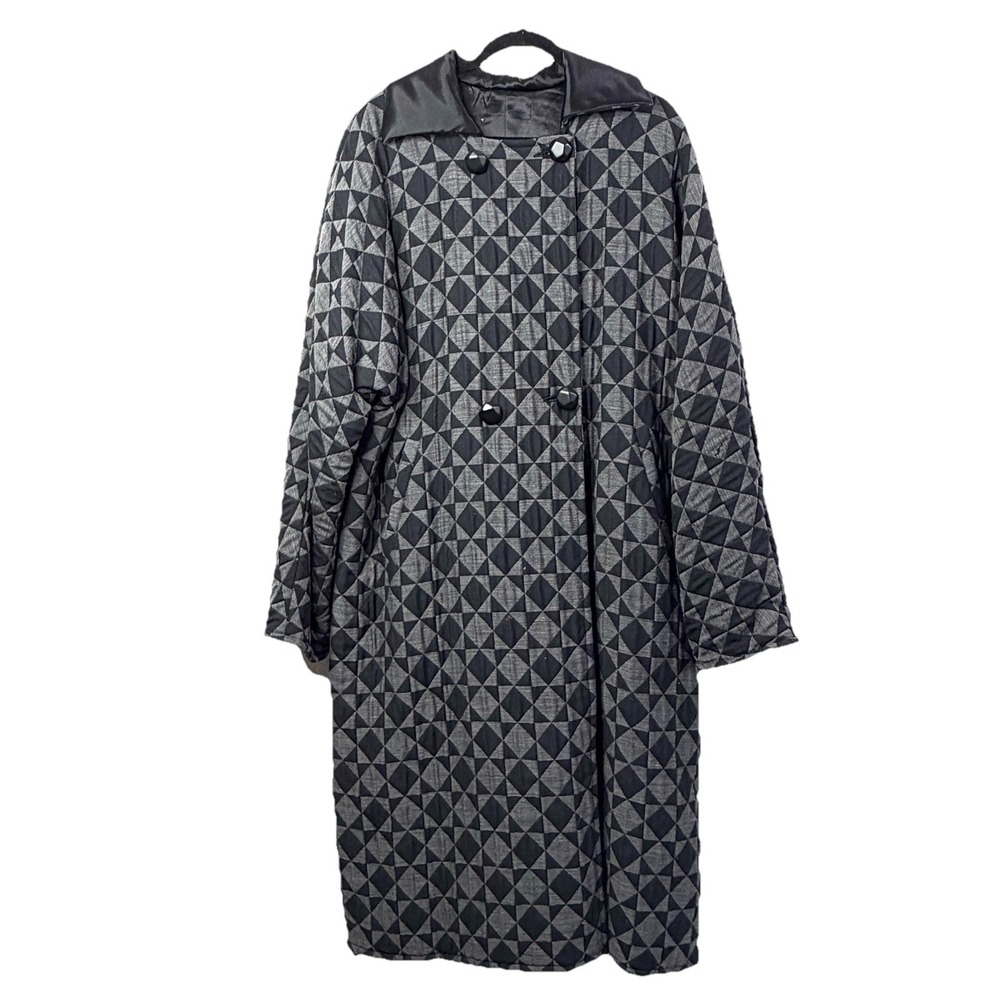 Vintage‎ Quilted Long Wool Coat 2X/3X Made In Italy Black Gray Tumbling Block - Picture 8 of 16
